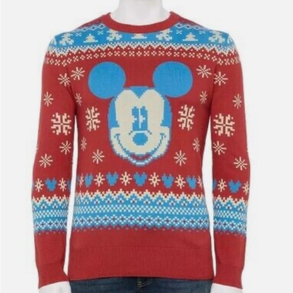 EUC Disney Mickey Mouse Mens Holiday Christmas Sweater Large L Red Blue - Picture 2 of 5